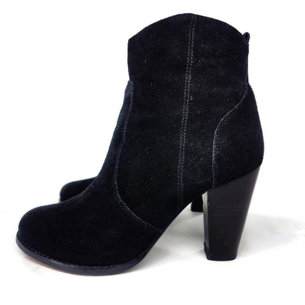 Joie Dalton Black Suede Leather Lined Stacked Wood Block High Heel Ankle Boots
